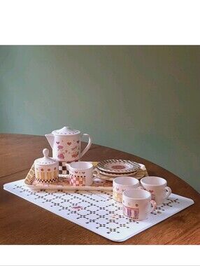 MacKenzie-Childs Childrens Tea Party Set Melamine Cups Plates Teapot Tray Mats